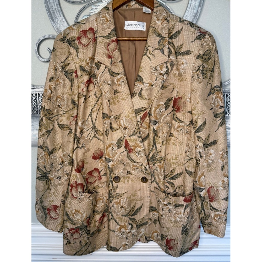 Liz Claiborne Collection Vintage Floral Linen Blend Blazer Beige Tan Size 12 EUC